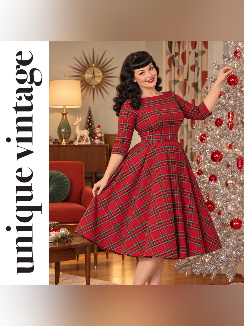 Unique Vintage 1950s Red & Black Plaid Belted Devon Swing Dress, Size XL, NWT!